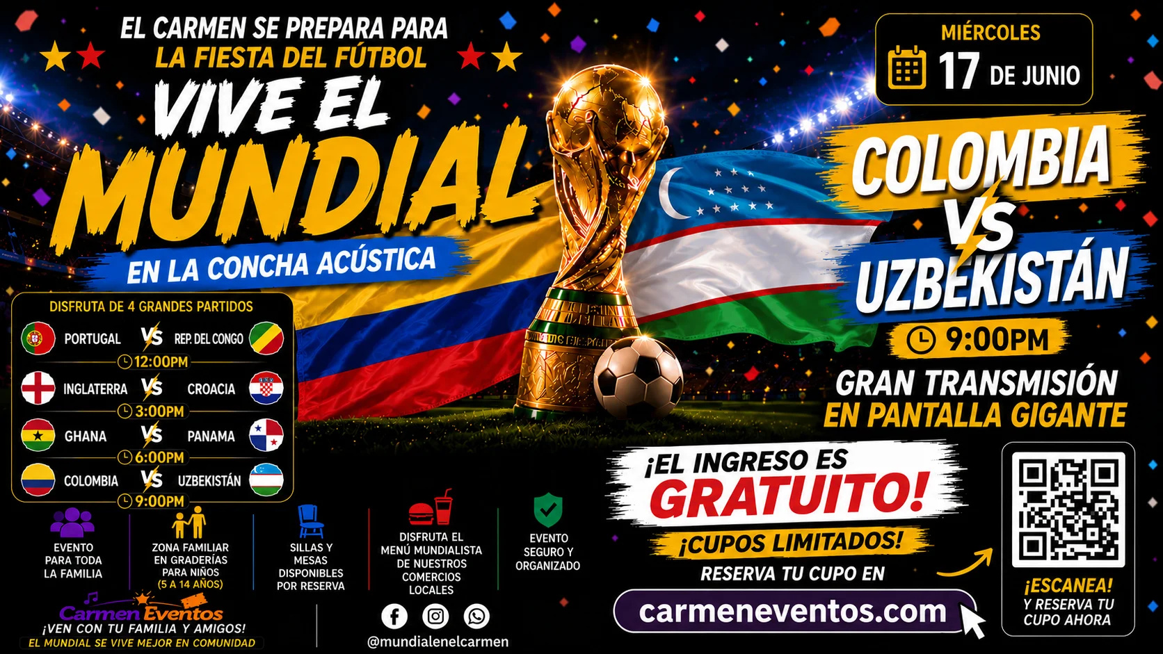 Transmisión Miercoles 17 de Junio - Colombia vs Uzbekistán, Portugal vs Republica del Congo, Inglaterra vs Croacia, Ghana vs Panamá
