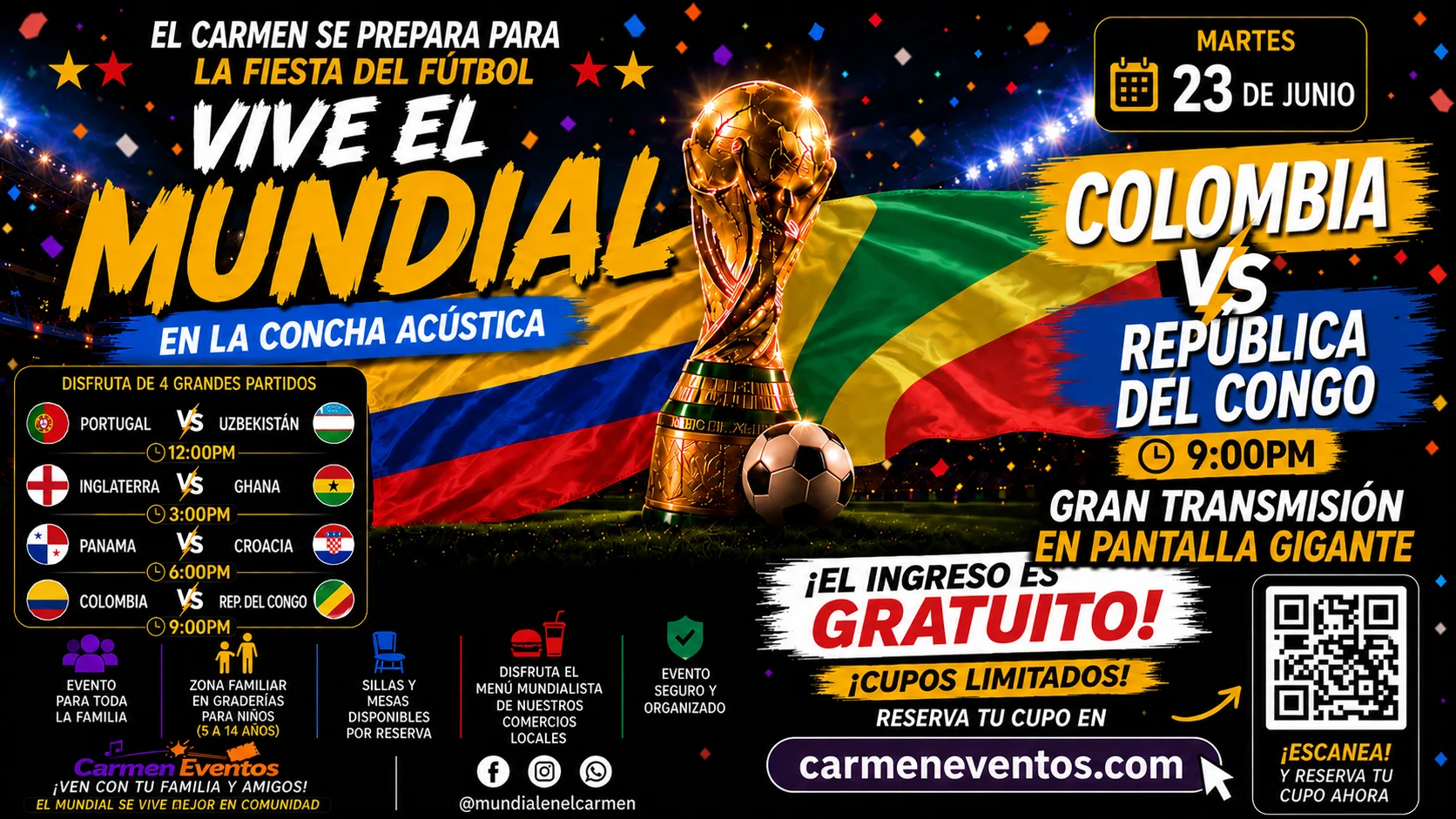 Transmisión Martes 23 de Junio - Colombia vs RD Congo, Portugal vs Uzbekistán, Inglaterra vs Ghana, Panamá vs Croacia