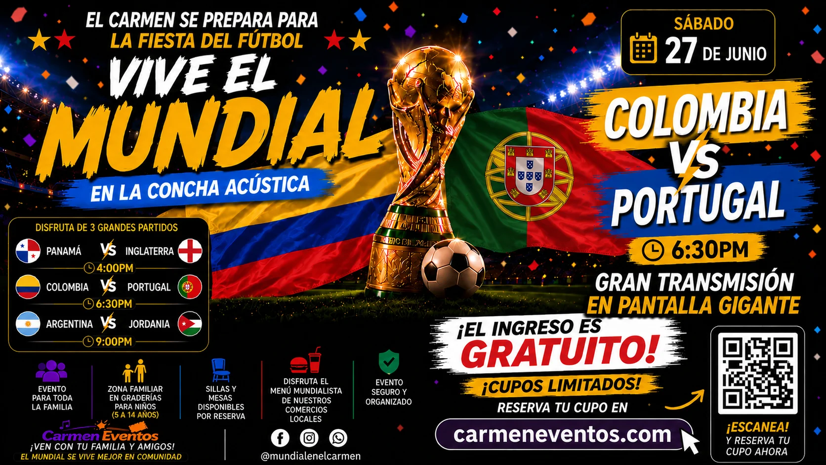 Transmisión Sábado 27 de Junio - Colombia vs Portugal, Argentina vs Jordania, Panama vs Inglaterra